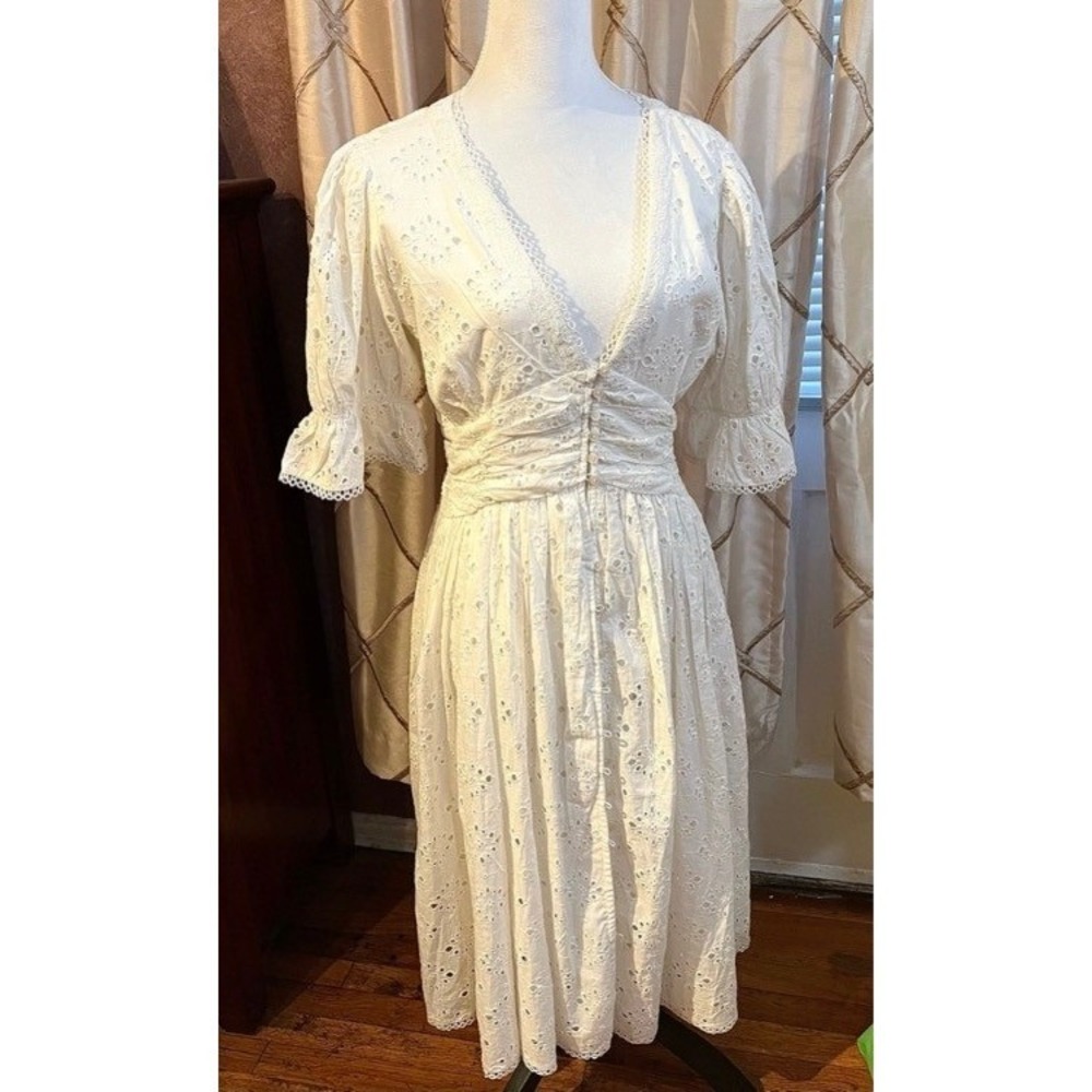 House of Harlow White Eyelet Cottagecore Maxi Midi Dress Puff Sleeves Western